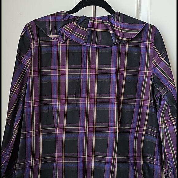 LRL Ruffled Trim Neckline Buttondown Plaid Blouse - Picture 4 of 15